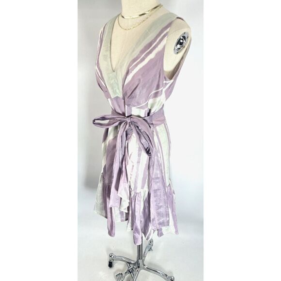 Rebecca Taylor Faux Wrap Ruffle Hem Dress Bow Silk Linen Sleeveless Size 10 - Picture 5 of 15